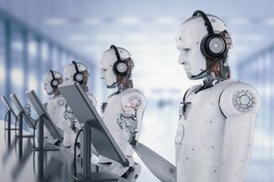 Photo of a room full of humanoid robots wearing headsets and staring at computer monitors